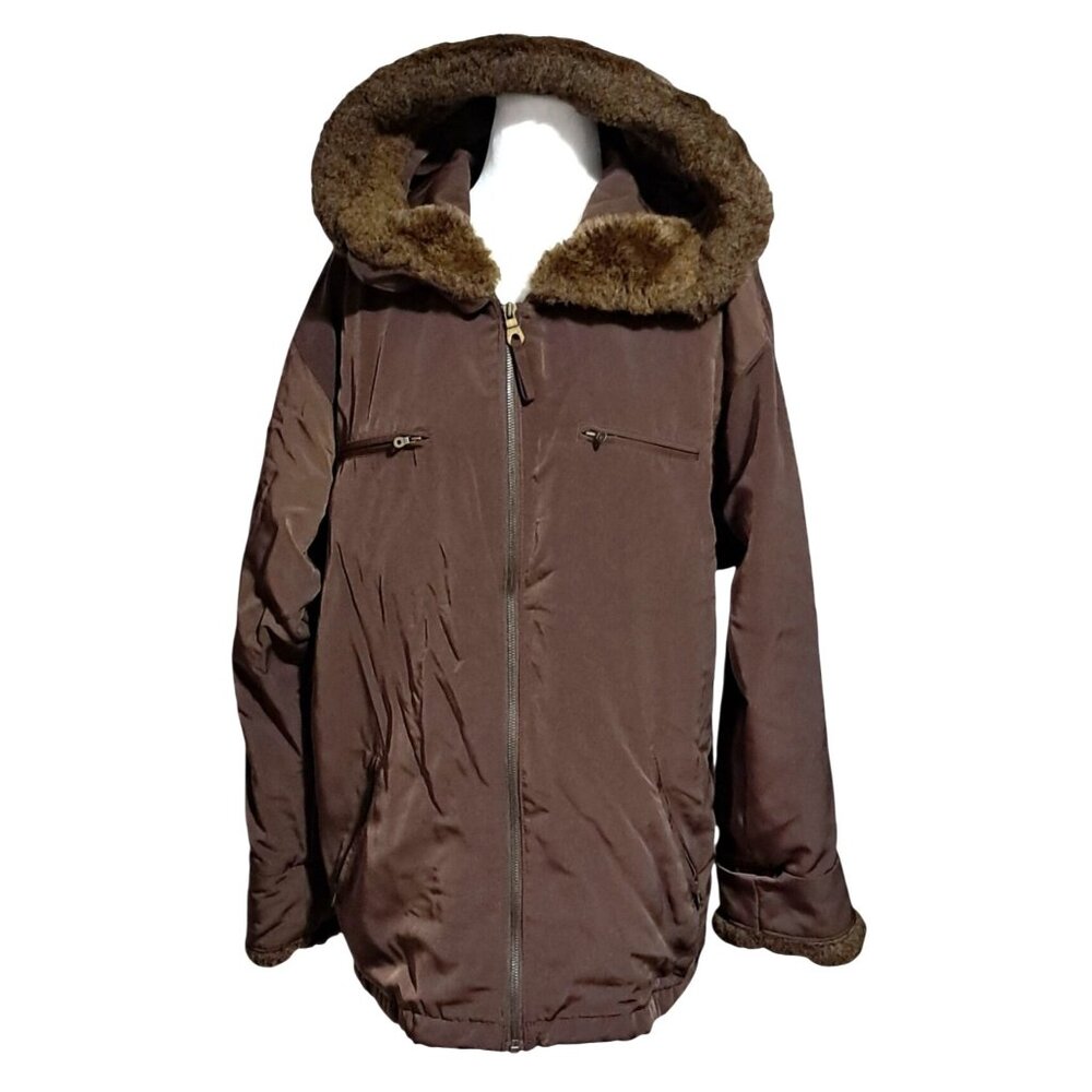 Towne by London Fog Parka Jacket Coat Womens Size M Brown Shiny Faux Fur Hooded